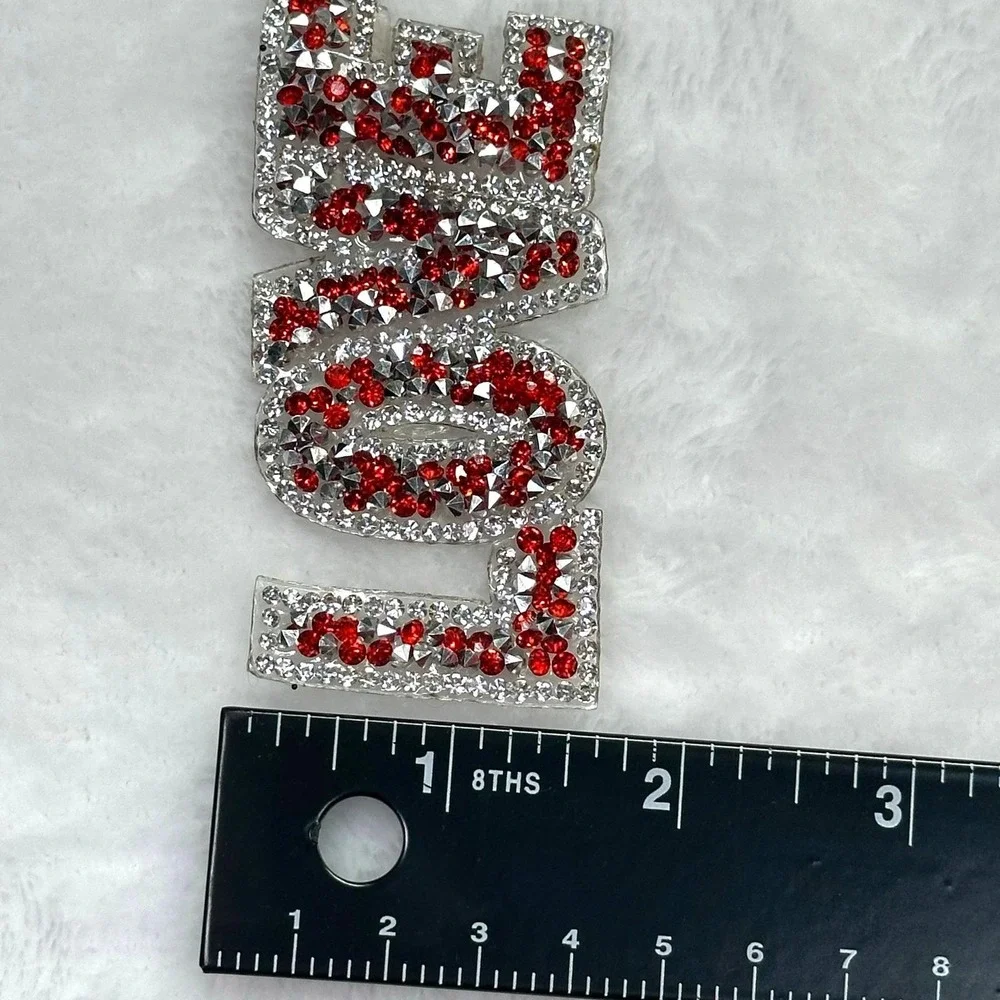 Rhinestone LOVE Iron-On Patch Red Silver Bling Applique 3.5